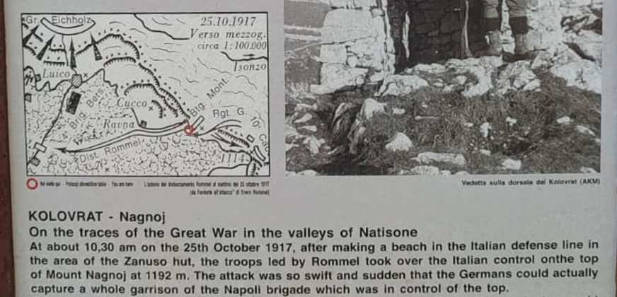 Informatiebord bij loopgraven van het openluchtmuseum Kolovrat bij Tolmin in de Soča vallei in Slovenië