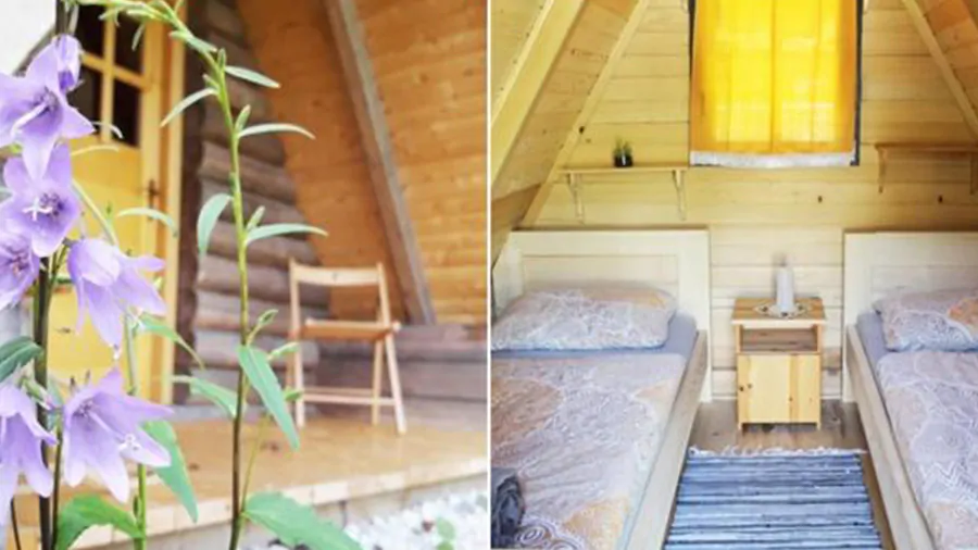 binnenkant van glampinghut Camp Šmica in de kamnische alpen bij de Savinja rivier in noord Slovenië