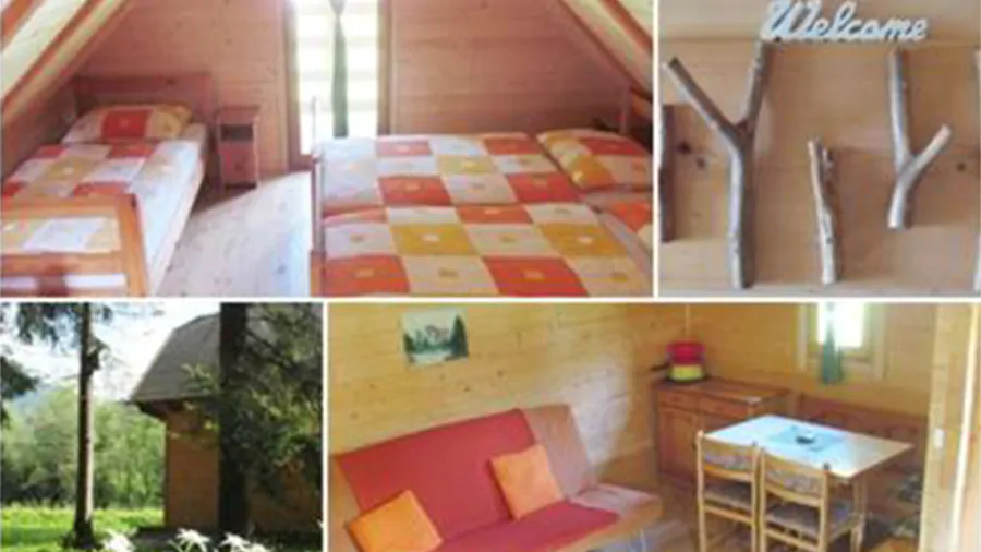 binnenkant van grote glampinghut Camp Šmica in de kamnische alpen bij de Savinja rivier in noord Slovenië
