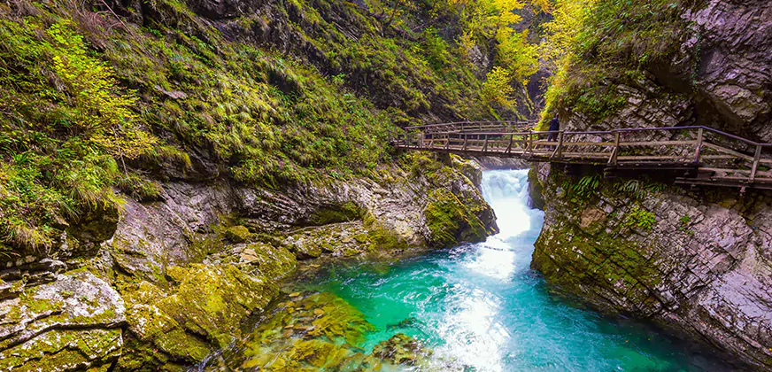 De Vintgar kloof tussen Bled en Radovljica in het Noordwesten van Slovenië aan de rand van het Triglav Nationaal Park